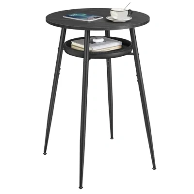 Image de VASAGLE EKHO Collection Table de Bar avec Rangement, Haute Ronde, PU Coutures, Style Moderne Mi siècle, Bar, Cuisine, Salon, Assemblage Facile, Noir Boisé et d’Encre