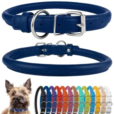 Image de CollarDirect Collier pour Chien en Cuir roulé, Chiot Rond rembourré Doux, véritable Fait à la Main Petit Grand Chat 13 Couleurs (18 20 cm, texturé Bleu foncé)