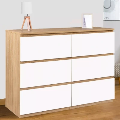 Image de Commode 6 tiroirs blanche et bois façon hêtre