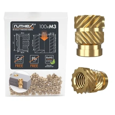 Image de ruthex M3 insert fileté 100 pièces RX M3x5,7 douilles filetées en laiton Écrou stable pour plastique Utilisable dans les imprimées 3D par chaleur ou ultrasons