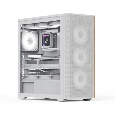 Image de AeroCool Boîtier de tour intermédiaire D501A, façade en maille accentuée bois, support radiateur 360 mm, 11 emplacements ventilateur, GPU 400 ATX/m ATX/Mini ITX, filtres à poussière