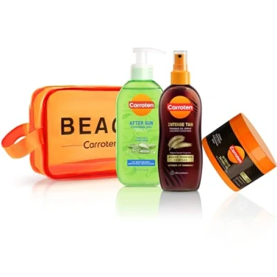 Image de Carroten Set de 3 Soins Solaires Kit Bronzant avec Intensive Tanning Gel 150 ml, Oil Coco 200 ml et After Sun Cooling y compris Sac Toilette