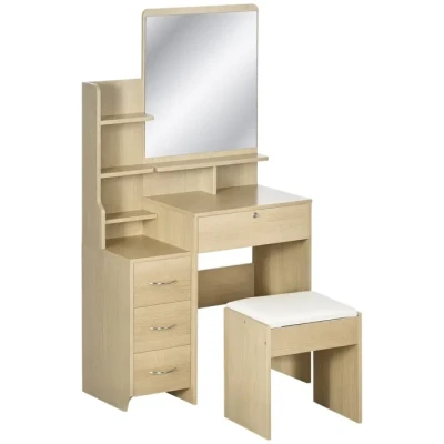 Image de HOMCOM Ensemble de Coiffeuse Table Maquillage avec Tabouret rembourré Grand Miroir + Plusieurs étagères Ouvertes 4 tiroirs Bois Naturel