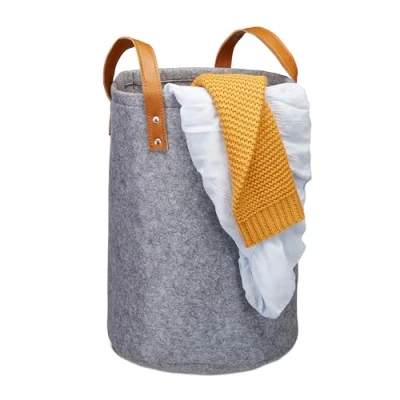 Image de Relaxdays Panier à lessive en Feutre, poignée, 28l Corbeille de Rangement Chambres, Bain,HxD45 x 30 cm,Anthracite, polyuréthane (PU), 1 élément