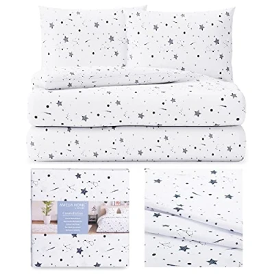 Image de AmeliaHome Parure de lit 3 pièces 200 x cm avec 2 taies d&#039;oreiller 80 100% Coton Fermeture éclair Averi Motif étoiles Constellation