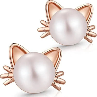 Image de Boucles d&#039;Oreilles Chat Femmes Perle d&#039;Eau Douce Or Rose Mignon Argent Sterling Oreille Chaton