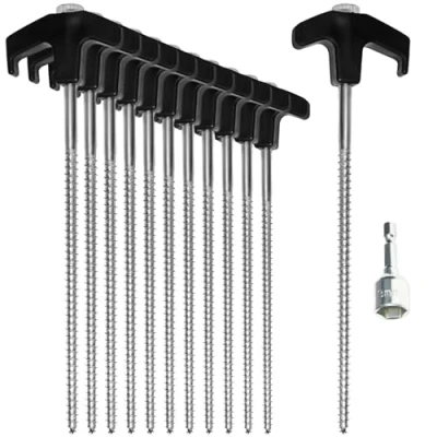 Image de com four® 12x piquets de Tente en Acier avec Adaptateur pour visseuse sans Fil à vis Sol Robustes Filetage Le Camping et l&#039;extérieur