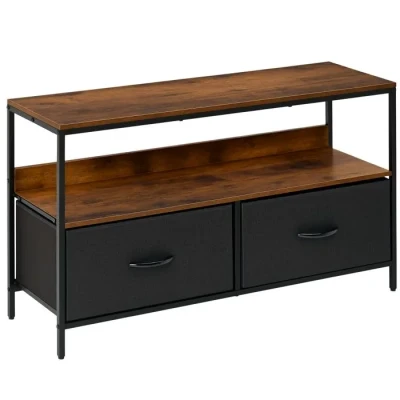 Image de HOMCOM Meuble TV Bas sur Pieds Style Industriel 2 tiroirs en Tissu Gris MDF Marron Rustique et métal Noir