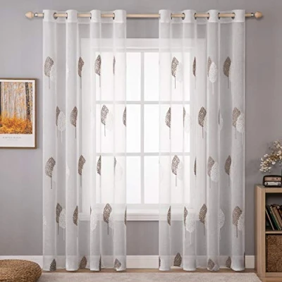 Image de MIULEE Rideau Salon Beau Voilage avec Motif D&#039;arbre, Rideaux à Oeillets, Moderne Décoration Voile, Lot de 2 Fenetre Broderie pour Chambre Salon, 2X140x225CM, Café + Blanc