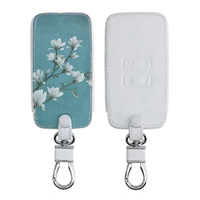 Image de kwmobile Accessoire Clé de Voiture Compatible avec Renault Smart Key 4 Bouton (Keyless Go Uniquement) Coque Protection en Simili Cuir Magnolias Taupe Blanc Bleu Gris