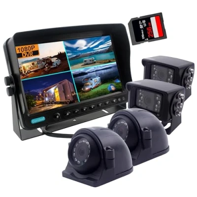 Image de CAMSLEAD 10 Pouces écran 1080P système de caméra recul, enregistreur DVR intégré, Quad Split Screen, Moniteur Voiture + 2X caméras recul Protections latérales pour remorque Camion RV