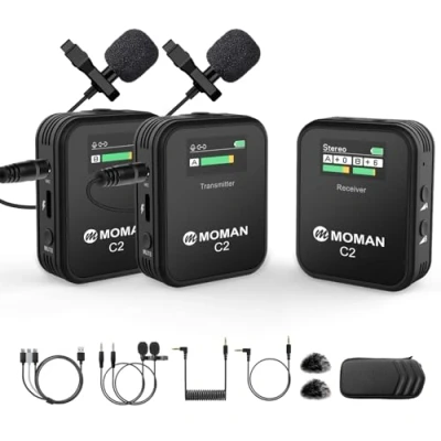 Image de Micro Cravate sans Fil Professionnel, Moman C2X Wireless Lavalier Microphone Con Écran TFT pour Appareil Photo Transmission 100m Caméra DSLR Caméscope Smartphone PC Laptop Tablette