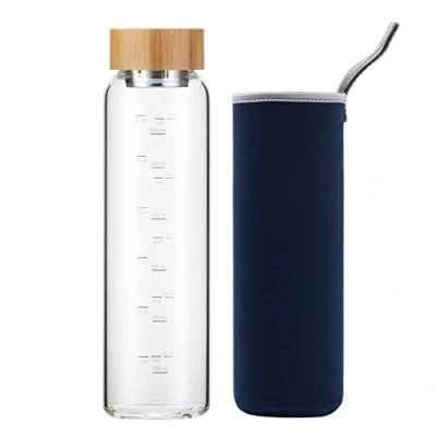 Image de sunkey Bouteille Eau en Verre 1 Litre avec Bouchon de Bambou, Réutilisable Gourde Borosilicaté 1000ml sans Bpa (Bleu Marine)