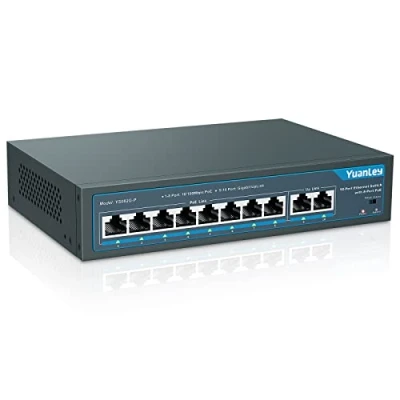 Image de YuanLey 10 Port PoE Switch, 8 PoE+ 100Mbps, 2 Uplink Gigabit, 120W 802.3af/at, Étendre la Fonction, Metal Fanless Unmanaged
