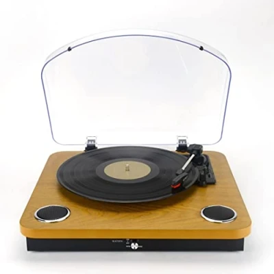 Image de Halterrego Platine Vinyle avec HP intégrés/Couvercle, RMS 2 * 2W,RCA Out, Lec et Eng USB, BT in/Out, Adaptateur Inclus, Finition laquée Noire/asp Bois