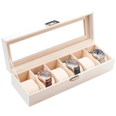 Image de Procase Boite à Montre Antichoc, Coffret Homme avec 6 Emplacements Coussins Montre, Rangement Couvercle en Verre, pour Passionné d’Horlogerie Blanc