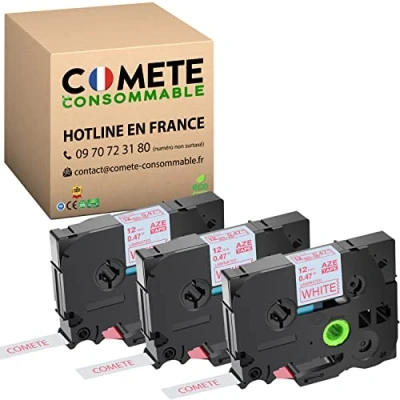Image de COMETE 3 Ruban Compatible avec TZe 232 Tz Tze232 pour Étiqueteuse Brother P Touch PT D200 1010 1000 H100LB E100VP H107B E110 GL H105 H200 12mm x 8m Rouge sur Blanc