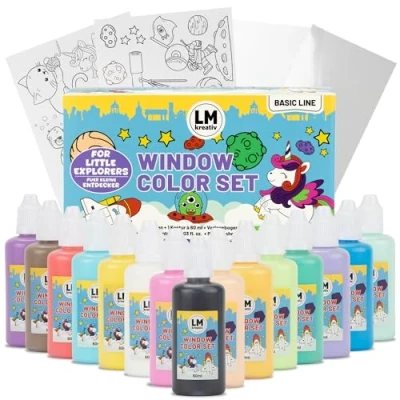 Image de LM Kreativ Window Color Petits Explorateurs, 15 Peintures Repositionnables Effet Vitrail (60 ml chacune), Contour Noir Inclus, 14 Modèles pour Fenêtres et Surfaces Lisses
