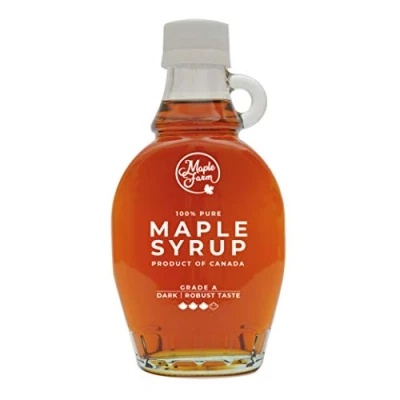 Image de MapleFarm Sirop d&#039;érable canadien pur Grade A, foncé, Goût robuste Bouteille de 189 ml (250 g) Pure maple syrup Jus