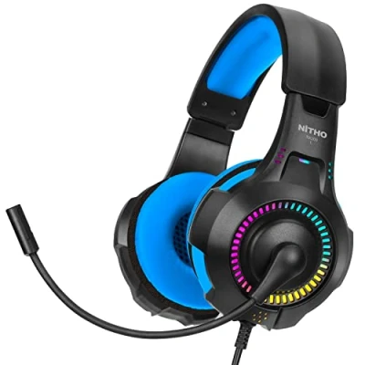 Image de NITHO NX200 Casque Gaming pour PS4/PS5/Xbox One/Xbox Series XS/PC/Mobile/Tablette, Stéréo Gamer avec Microphone Cardioïde Pliable, de Jeu Effet Lumineux RVB Bleu