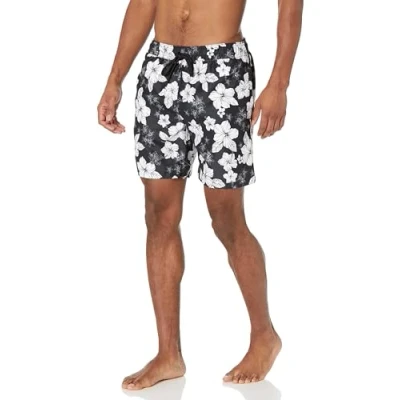 Image de Amazon Essentials Short de Bain à Séchage Rapide Entrejambe 18 cm Homme, Noir Fleur d&#039;hibiscus, M