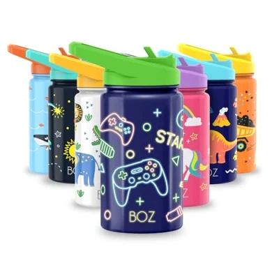 Image de BOZ Gourde Isotherme Enfant Avec Paille 414ML, Bouteille d&#039;Eau Anti fuite pour Boisson Chaude ou Froide Inox à Double Paroi Isolante et Motif rayures Poignée, Sans BPA (Jeu)