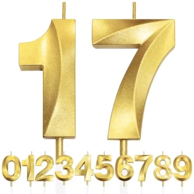 Image de 17th Bougie D&#039;anniversaire à Paillettes Dorées au Design 3D, Bougies Numérotées pour 90e, Décorations de Dessus Gâteau, Gâteau Fête D&#039;anniversaire, Anniversaire Mariage
