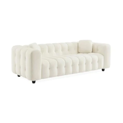 Image de sweeek Canapé 3 Places en Bouclette texturée capitonné Blanc crème Structure Bois d&#039;eucalyptus et contreplaqué