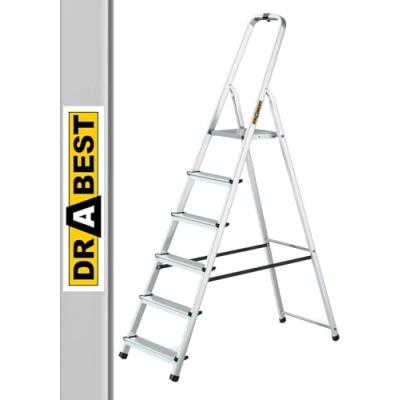 Image de Drabest Escabeau Ménager 6 Marches en Aluminium Capacité 125 KG avec Rail De Sécurité Et Plate Forme Travail Echelles Multi Usages 48 X 191 12 Cm