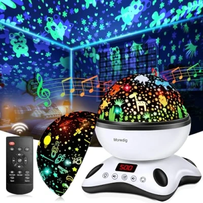 Image de Moredig Veilleuse Musicale et Lumineuse, Projecteur Bebe, Enfant + 8 Couleurs Minutage Télécommande, Bébé pour Cadeau Bébé/Cadeau Noel Enfants Noir Blanc