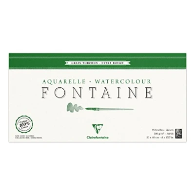 Image de Clairefontaine 96438C Bloc Encollé 4 Côtés Fontaine 15 Feuilles Papier Aquarelle Blanc 100% Coton Grain Torchon Qualité Professionnelle 20x40 cm 300g