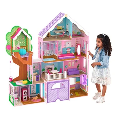 Image de KidKraft Maison de Poupée en Bois Treehouse incluant Accessoires et Mobilier avec Un Chien, Autocollants, Cabane dans Les Arbres Guirlande Lumineuse Garage, Jouet Enfant dès 3 Ans, 10108