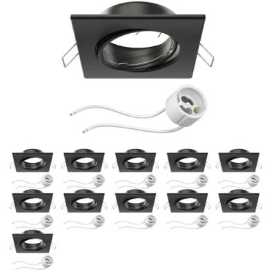 Image de ledscom.de 12 pièces cadre d&#039;encastrement pour plafond RIR noir mat angulaire pivotant (LED/halogène/GU10/MR16/PAR16/50mm) incl. douille GU10