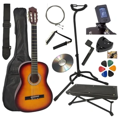 Image de AMROVA Pack Guitare Classique 4/4 (Adulte) Support + Repose Pied 9 Accessoires Cour Vidéo et CD (Sunburst)