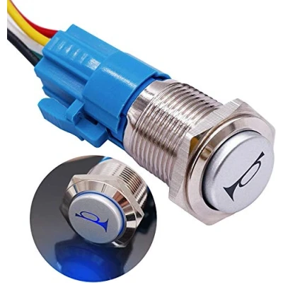 Image de Taiss 16mm Interrupteur à Bouton de klaxon momentané poussoir 12V Commutateur Horn réinitialisation avec Lumières LED bleu prise pour voiture Camion LBG16 BU