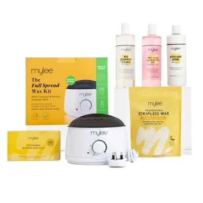 Image de Mylee Professional Kit complet d&#039;épilation à la cire avec chauffe cire, perles de dure 500 g, spatules applicatrices, gel avant et après soin, nettoyant pour équipement (noix coco arnica)