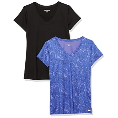 Image de Amazon Essentials T shirt Tech à manches courtes et col en V, extensible (disponible grande taille) Femme, Lot de 2, Bleu Marbre/Noir, S