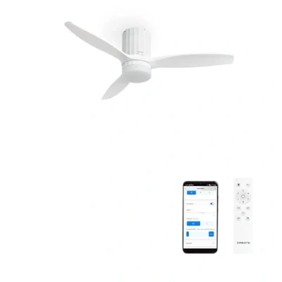 Image de CREATE / WINDCALM LINE/Ventilateur de plafond blanc avec lumière, Wifi et télécommande, lignes verticales 40W, Ø132 cm, 6 vitesses, 3 températures minuterie, fonction été hiver