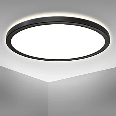 Image de B.K.Licht Plafonnier LED ultra plat 28mm avec rétroéclairage indirect, platine 18W intégrée, 2400Lm, lumière blanche neutre 4000K, éclairage plafond Ø29cm