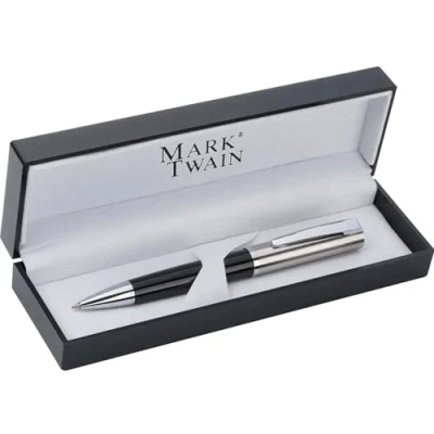 Image de Mark Twain Stylo à bille en métal lourd avec mécanisme rotatif argent et noir, étui idée cadeau notrash2003