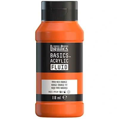 Image de Liquitex 8870384 Basics Fluid Peinture acrylique à consistance fluide, séchage rapide, résistante la lumière, imperméable, base d&#039;eau, Flacon de 118 ml, Rouge Orange Vif