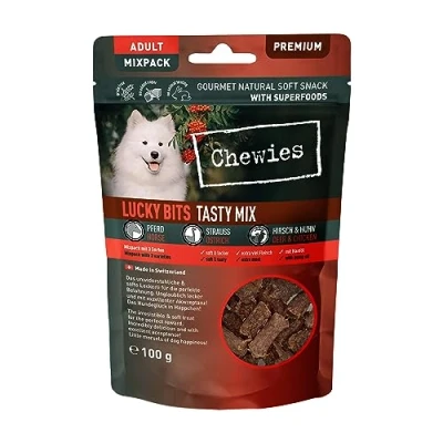 Image de Chewies Lucky Bits Tasty Friandises pour Chien Mix Adult sans céréales et Douces avec Beaucoup de protéines superaliments comme la levure bière ou Le Ginkgo,