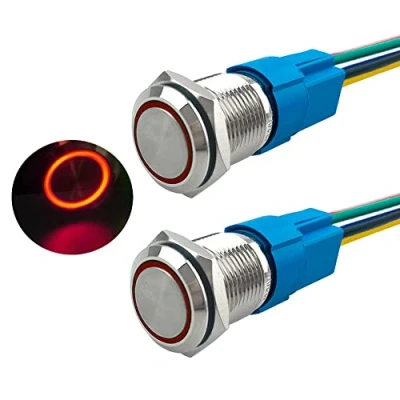 Image de Aiqeer 2 Pièces 16 mm Commutateur Bouton Poussoir Momentané, 12V / 24V 5A Interrupteur à en Acier Inoxydable Étanche IP67, avec Prise Pré Câblée (LED Rouge)