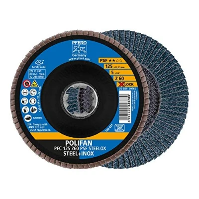 Image de PFERD Lot de 10 disques à lamelles Polifan 125 mm Z60 X LOCK (22,23 mm) PSF STEELOX Pour une grande économie grâce un usinage agressif avec bonne durée vie