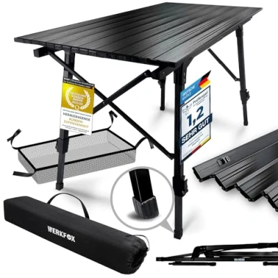 Image de Werkfox Table de Camping Multifonctions Pliante Polyvalente ; réglable en Hauteur avec Plateau Enroulable (90x51cm) &amp; Sac Transport supporte jusqu&#039;à 30kg