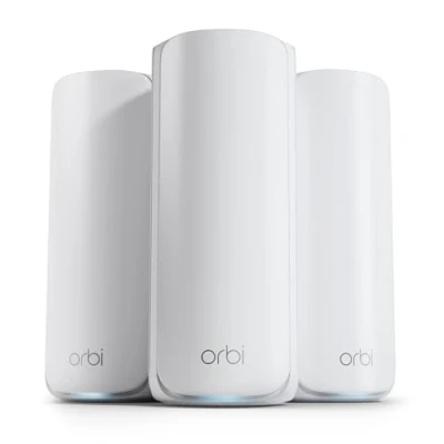 Image de NETGEAR Système WiFi 7 Mesh Orbi tribande (RBE873) Routeur + 2 satellites Couverture jusqu&#039;à 600 m², 150 appareils Port 10 Gigabit BE21000 802.11be (jusqu&#039;à 21 Gbit/s), idéal murs épais