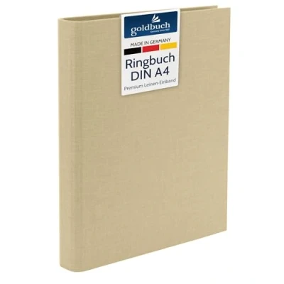 Image de goldbuch 37 506 Bella Vista classeur à anneaux A4, beige, dimensions : 32 x 27,5 4,5 cm, avec mécanisme 4 et pince, format DIN en lin, marron clair