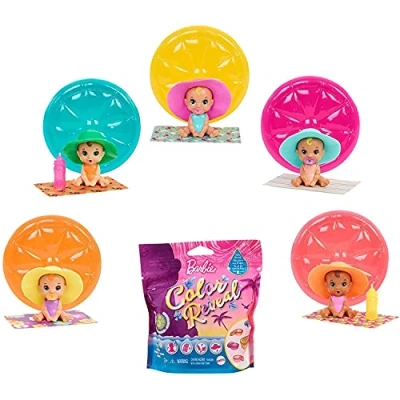 Image de Barbie Color Reveal Mini Figurine bébé dans Un Coffret en Forme de Fruit, 3 sachets mystères, Série Plage, modèle aléatoire, Jouet pour Enfant, GTT12
