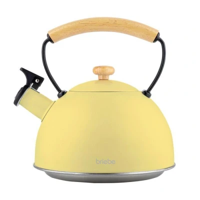 Image de Bouilloire à Induction Théière Sifflet 2,3L Acier Inox. Rétro, Poignée en Bois Briebe Pastel Jaune 00430
