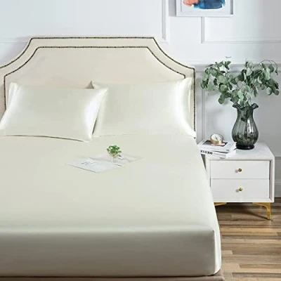 Image de Damier Drap housse en satin de polyester 90 x 200 cm Blanc Soie brillante Convient pour matelas jusqu&#039;à 30